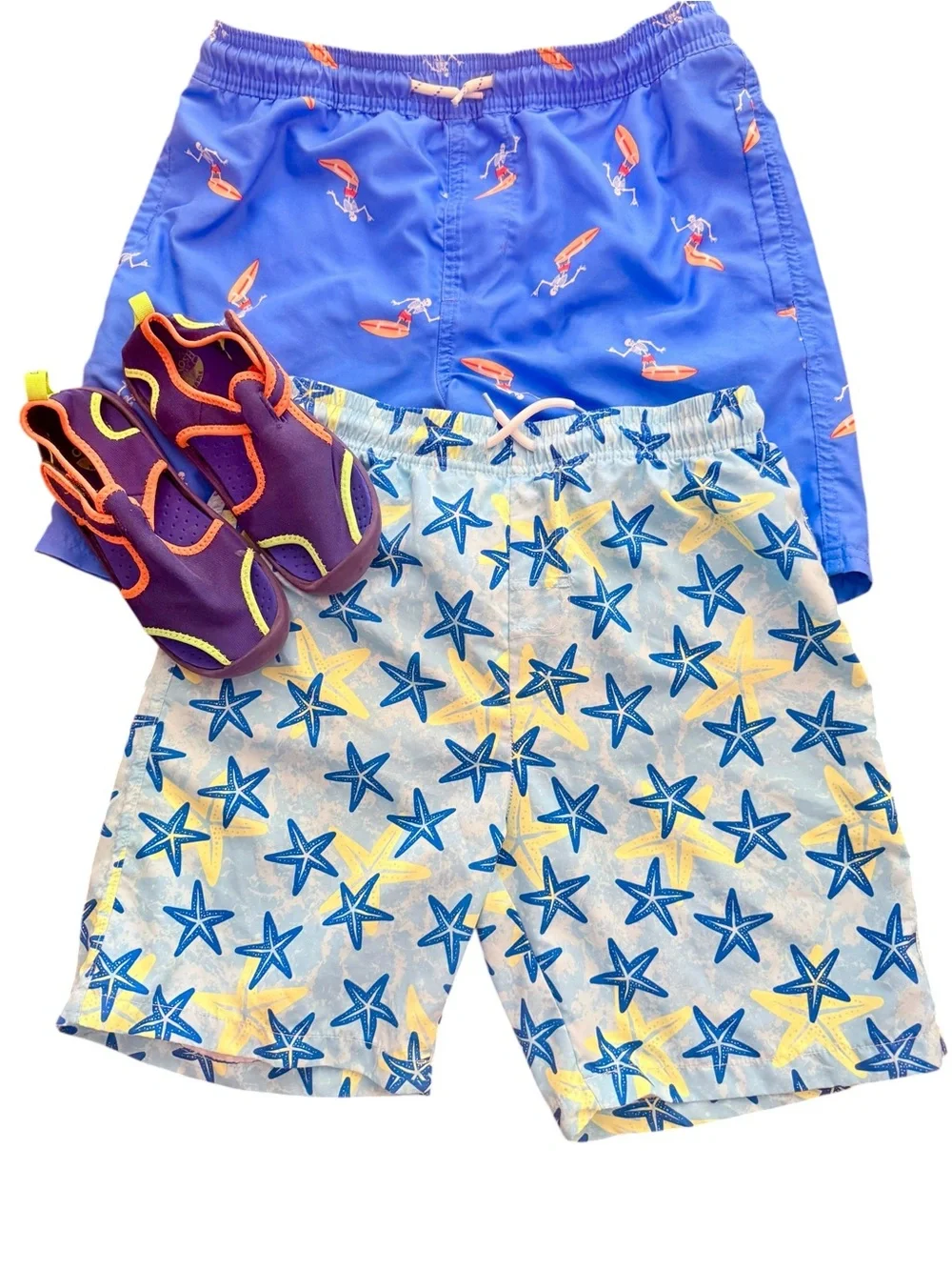 Boys  Starfish and Surfer Swim Trunks Size 12 and 10/12 & free swim shoes